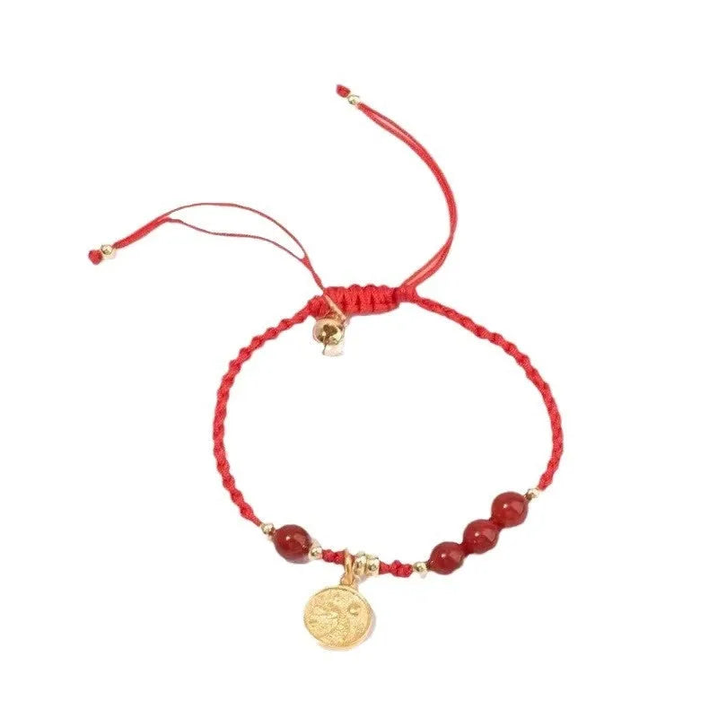 Cinnabar braided rope bracelet with round bead blessing card in wine red colour