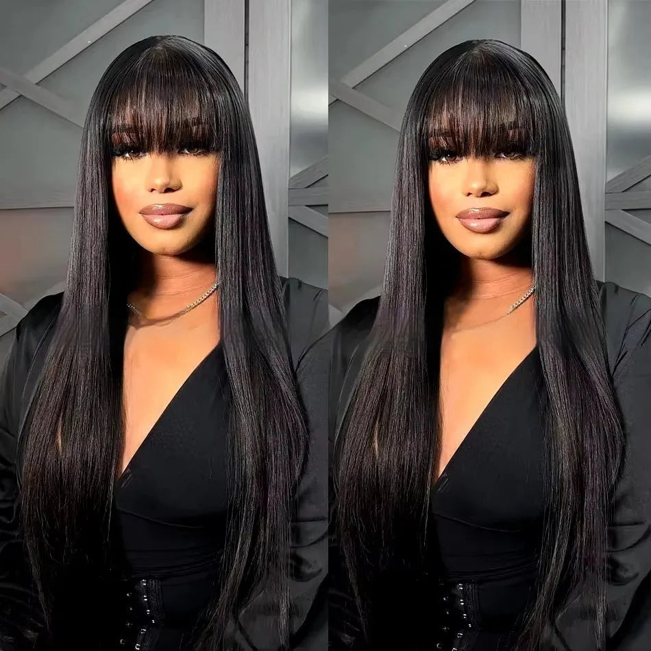 Natural colour human hair full lace wig on a mannequin head, showing long length and full density.