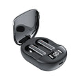 Black and white wireless Bluetooth in-ear headset with digital display and compact charging case