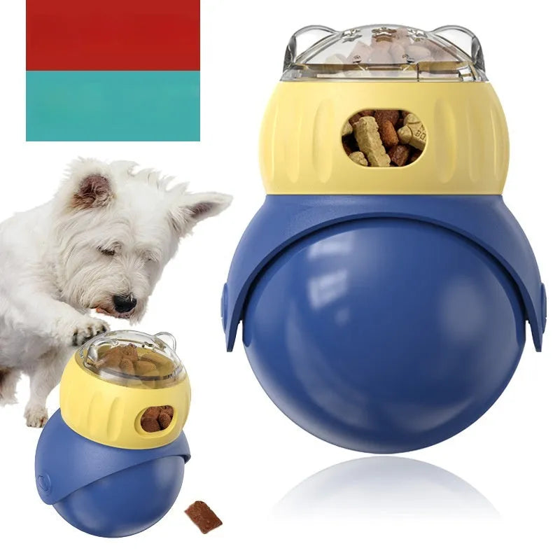 Yellow and blue owl-shaped tumbler puzzle feeder for cats with sliding ball treat mechanism