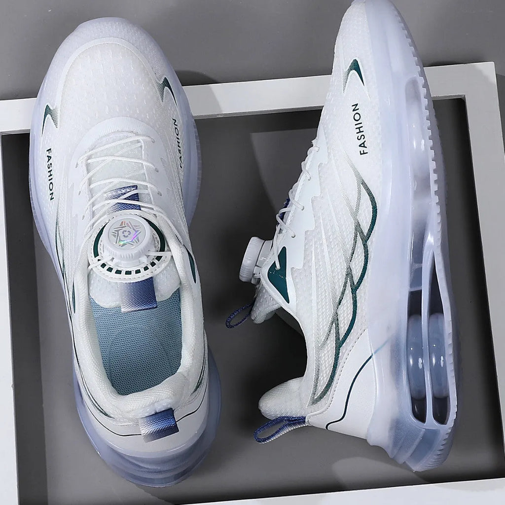 White men's casual sneakers with rotating button lace system and mesh upper in Korean style design