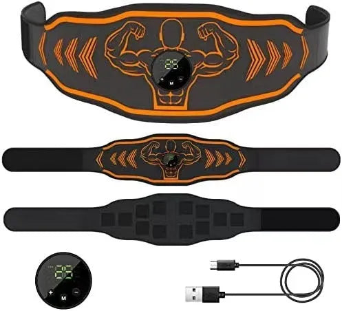Smart EMS massage belt with adjustable strap and control unit in blue colour