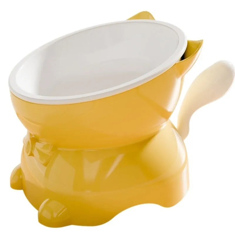 Stainless steel anti-fall oblique cat bowl with kitten tail design in four colour options