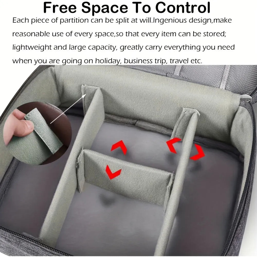 Black waterproof electronics travel organizer case open, showing mesh pockets, elastic loops and removable padded dividers.