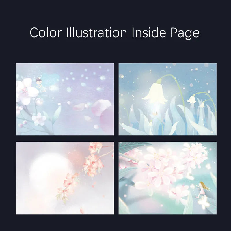 A5 notebook with luminous reflective cover shown in four colours: deep blue, gold, light blue, purple, open to reveal pages with colour illustrations.