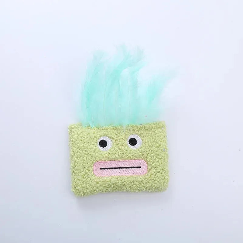 Colourful catnip plush toy with explosion head shape in blue, green, orange, and purple options