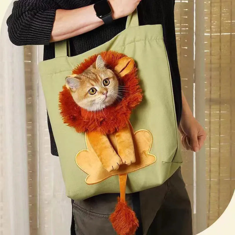 Canvas pet carrier shoulder backpack with cartoon pattern for small dog or cat transport.