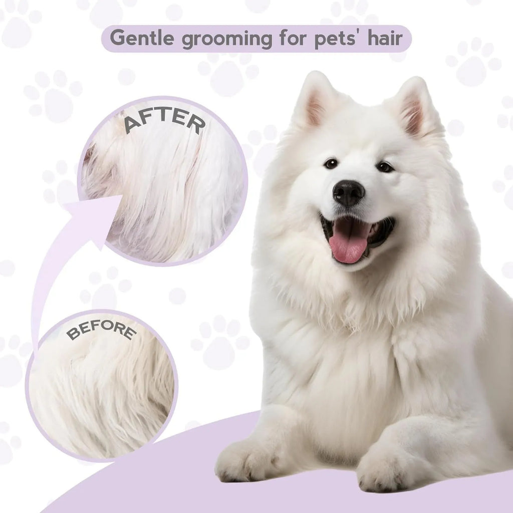 Purple pet grooming comb with stainless steel long and short teeth for detangling dog and cat fur