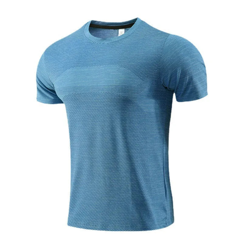 Men's short sleeve running t-shirt in polyester spandex fabric, shown in red colour.