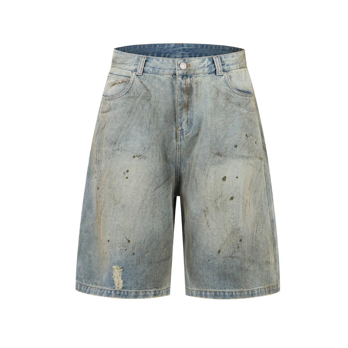 Blue washed denim straight-leg mid-length trousers with zipper fly closure