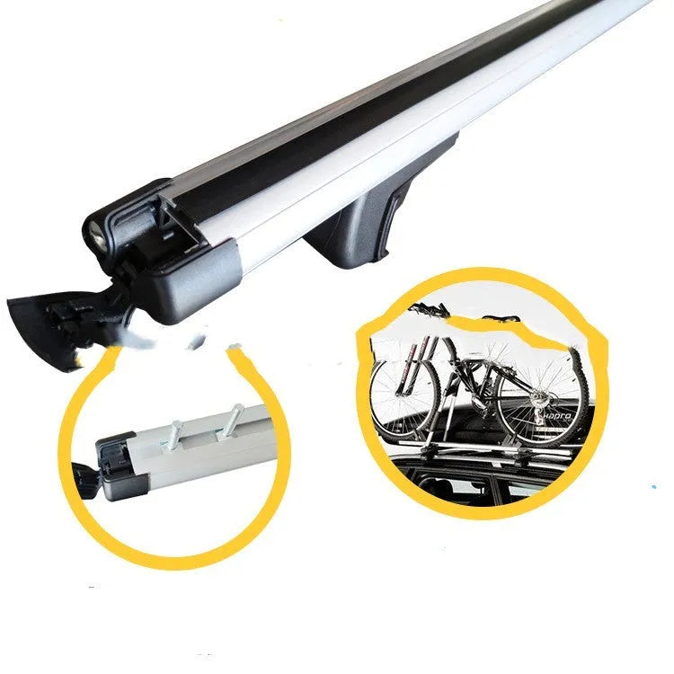 Alloy roof rack crossbars for a General Motors SUV, shown adjusted to length.