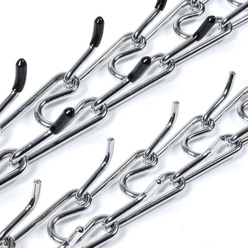Stainless steel dog pinch training collar with round links and black rubber tips, shown on a size chart.