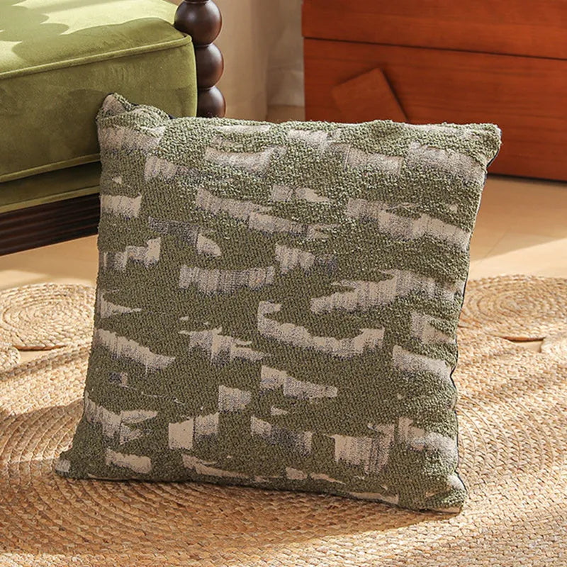 Square Jacquard pillow cover with detailed retro floral pattern on a grey sofa, showing 45x45cm size.