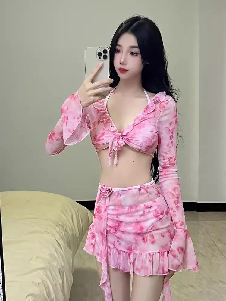 Women's floral bikini swimsuit set in cherry blossom pink colour with sizing chart
