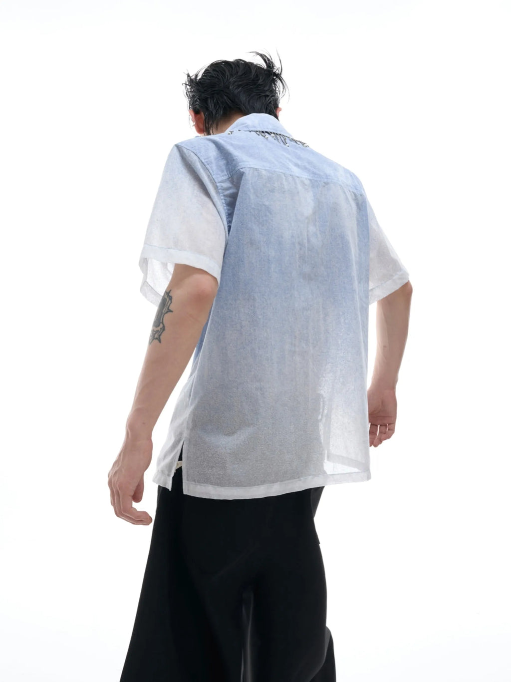 Men's loose blue gradient short sleeve casual polyester shirt on a hanger.