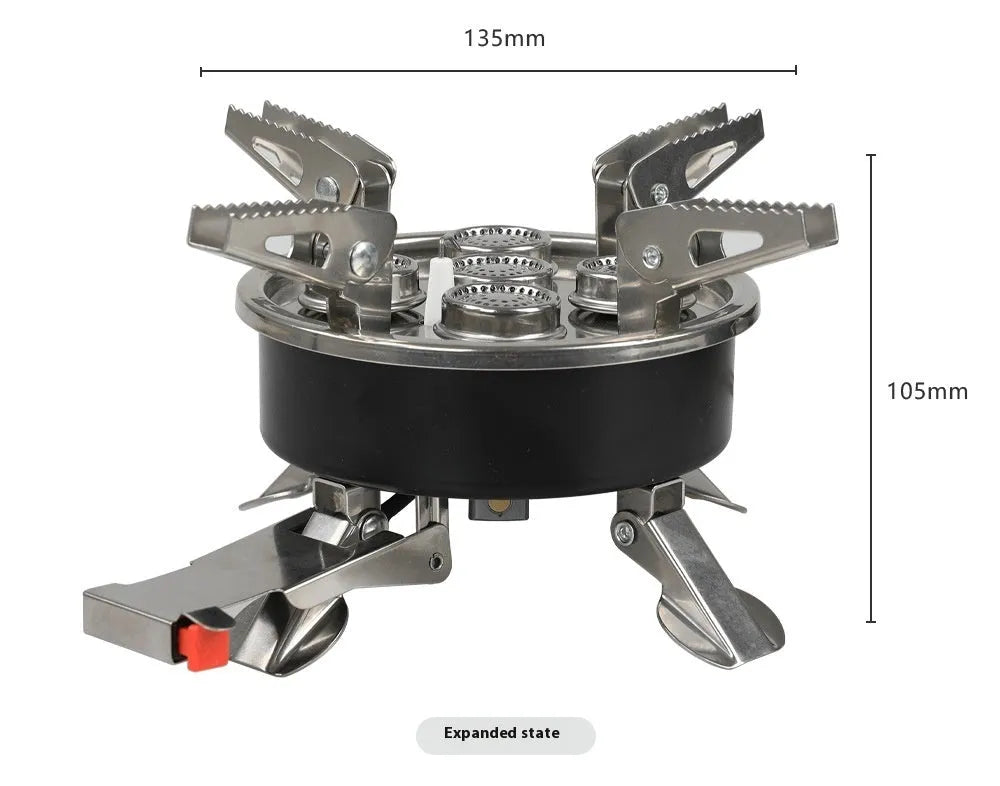 Silver portable split stove for outdoor camping, shown with a foldable design and hose.
