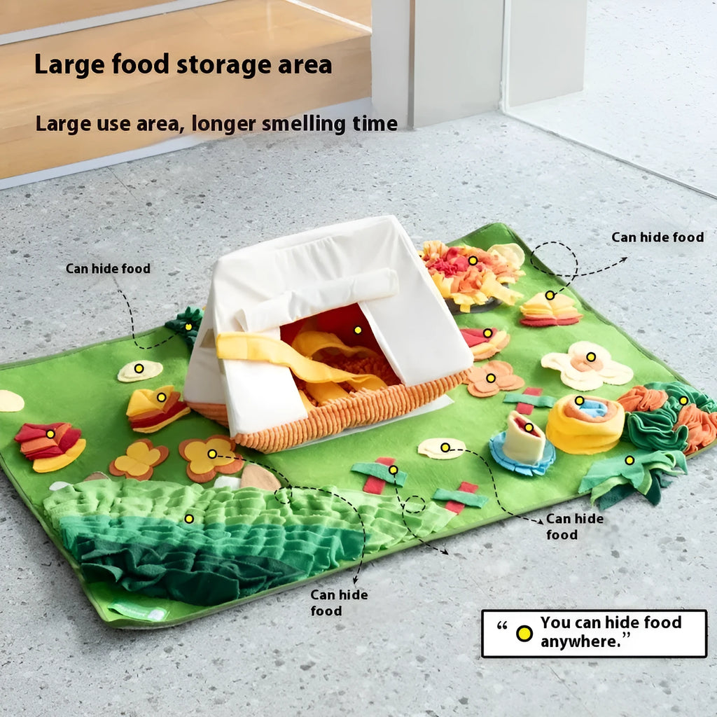 Plastic fabric dog sniffing mat in a thematic design, used for hiding food treats as a pet enrichment toy