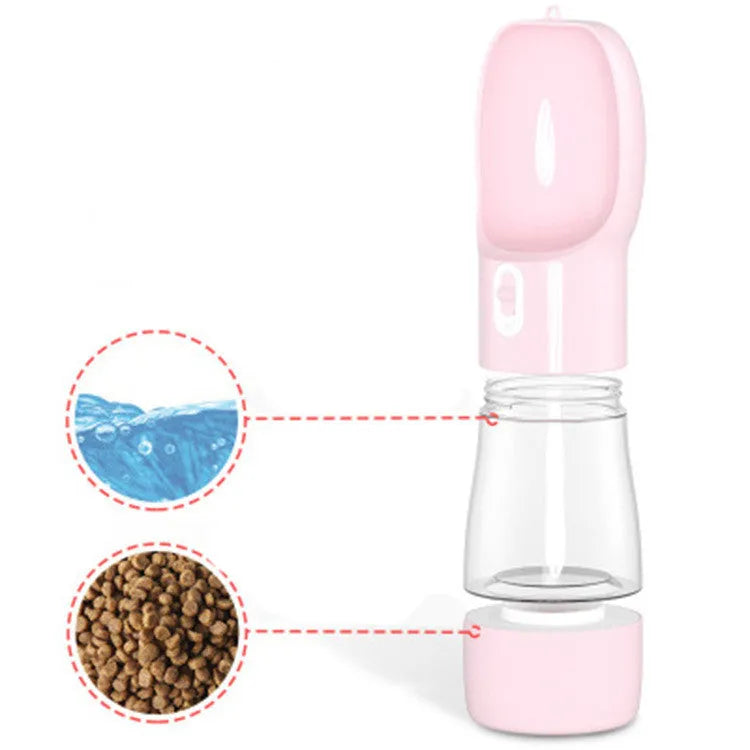 Travel Out portable dog food water cup with blue printed finish showing water and grain compartments