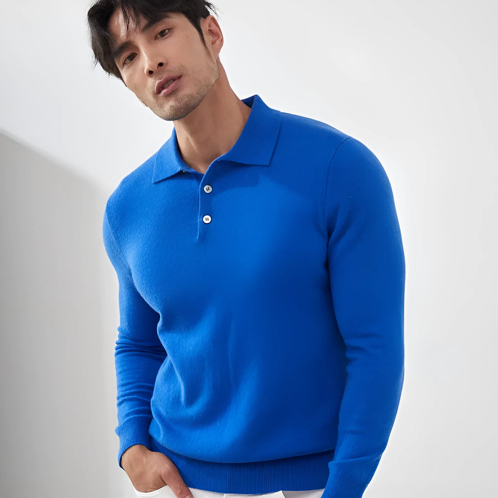 Men's cashmere polo collar pullover sweater in loose fit with short sleeves