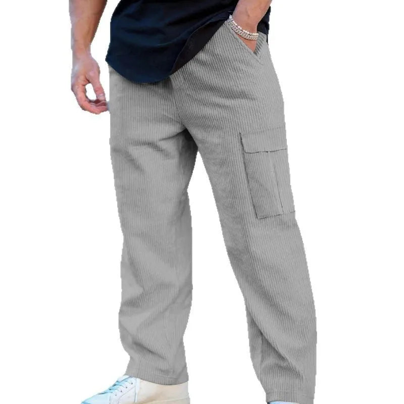 Men's corduroy cargo trousers with wide-leg cut and drawstring waist in navy blue colour