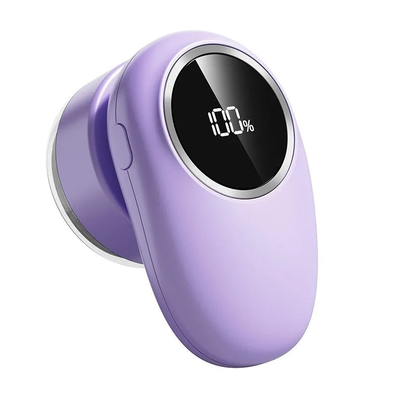 Beige and purple digital fur ball trimmer lint removers with stainless steel cutter heads on a USB cable.