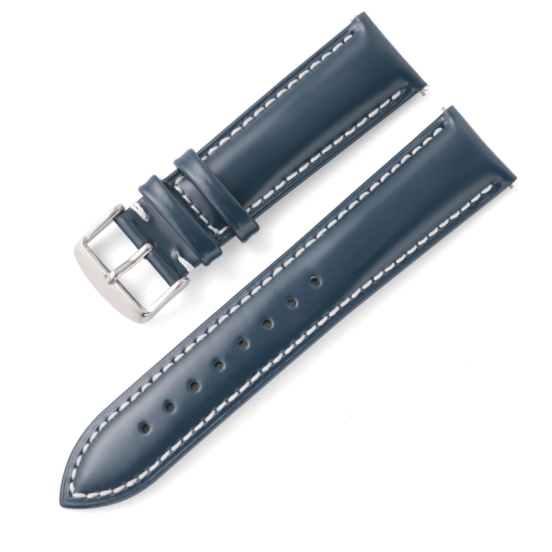 Quick release leather watch strap in bright cowhide showing colour options and width sizes.