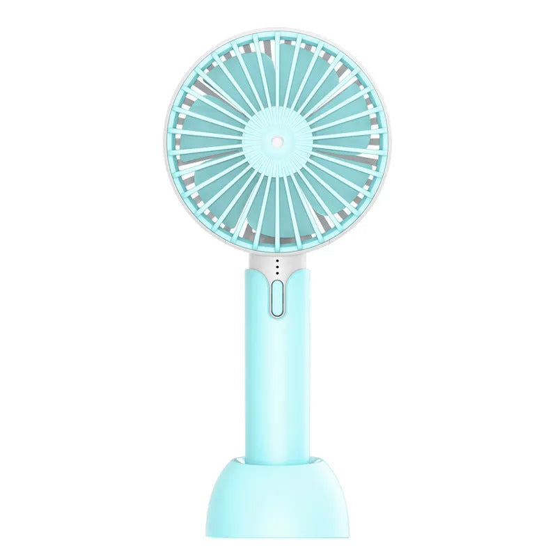 Blue mini USB electric fan with three-speed control on desk