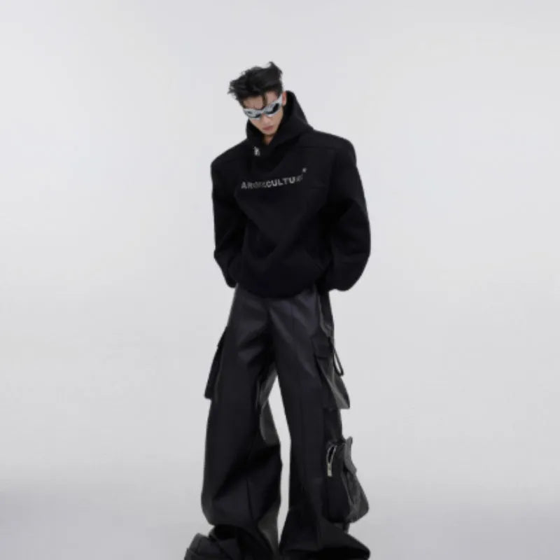 Men's loose red hooded sweater with metal 3D printed design and structured shoulder pads