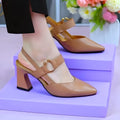 Women's black closed toe high heel sandals with a chunky rubber sole and pigskin leather upper.