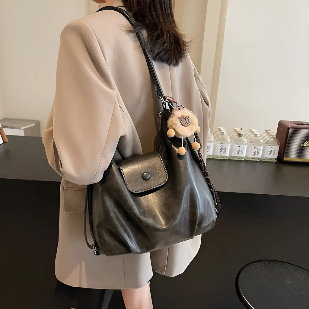 Women's black PU leather horizontal square shoulder bag with single strap and mobile phone compartment