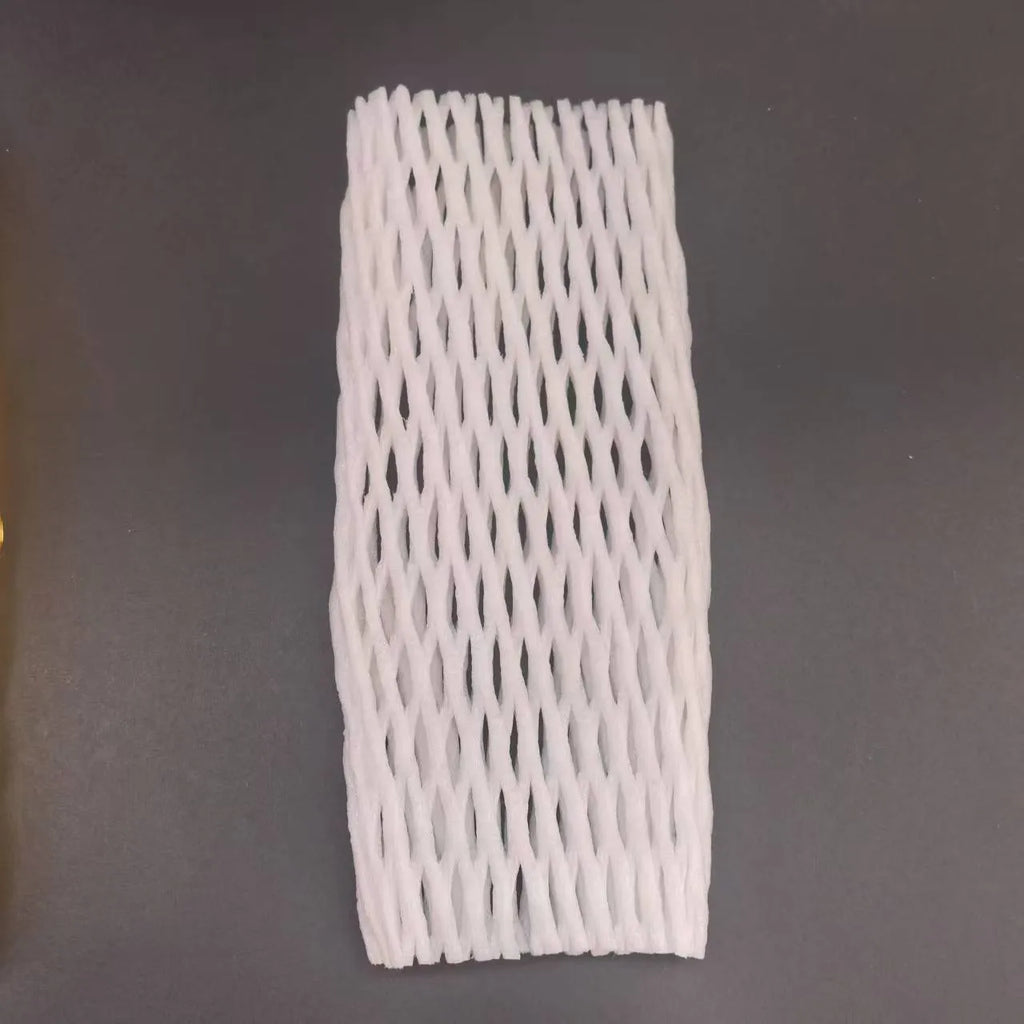 White foam net shockproof protective case for fruit, shown with sizing options.