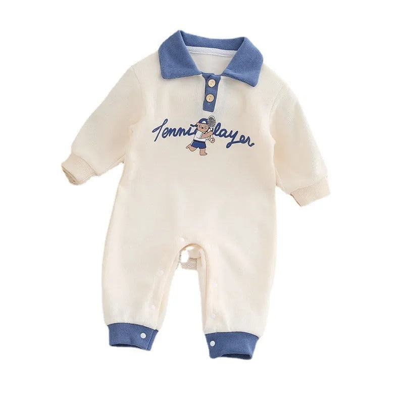 Cotton long-sleeved jumpsuit for babies, blue and milky white, suitable for heights 59cm to 90cm