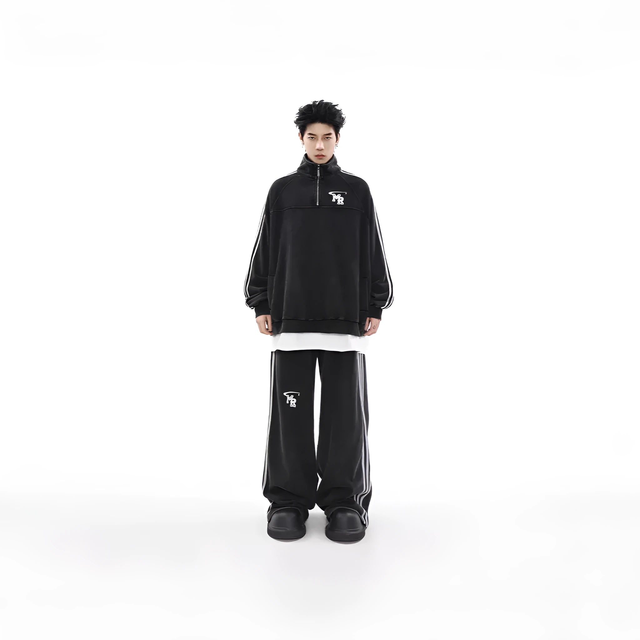 Black Hong Kong style stand collar long sleeve polyester sports hoodie on a hanger