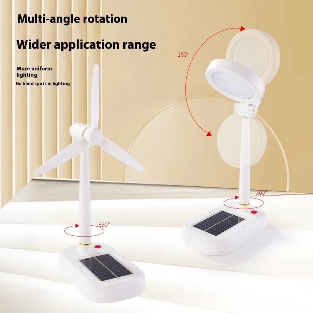 Ivory white solar charging table fan with integrated LED study lamp on desk