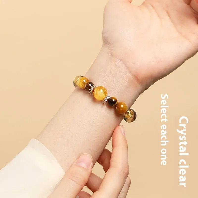 Lucky Jinba Tiger-eye crystal bracelet in natural yellow tower geometry design, shown in 10mm and 12mm sizes.