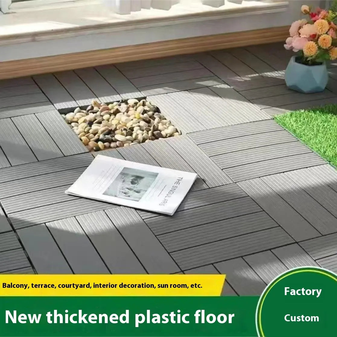 Plastic floor tile with wood grain pattern, showing non-slip surface, 300mm square dimensions.