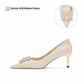 Women's bright floral crystal high heel pump with rhinestones on a pointed toe, showing stiletto and cat heel options.