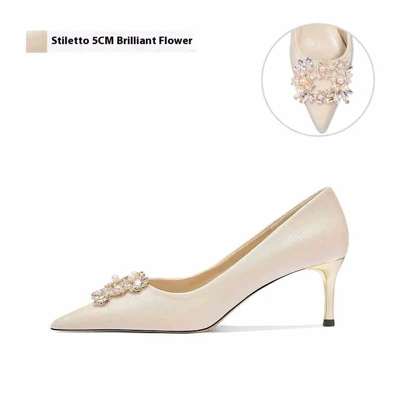 Women's bright floral crystal high heel pump with rhinestones on a pointed toe, showing stiletto and cat heel options.