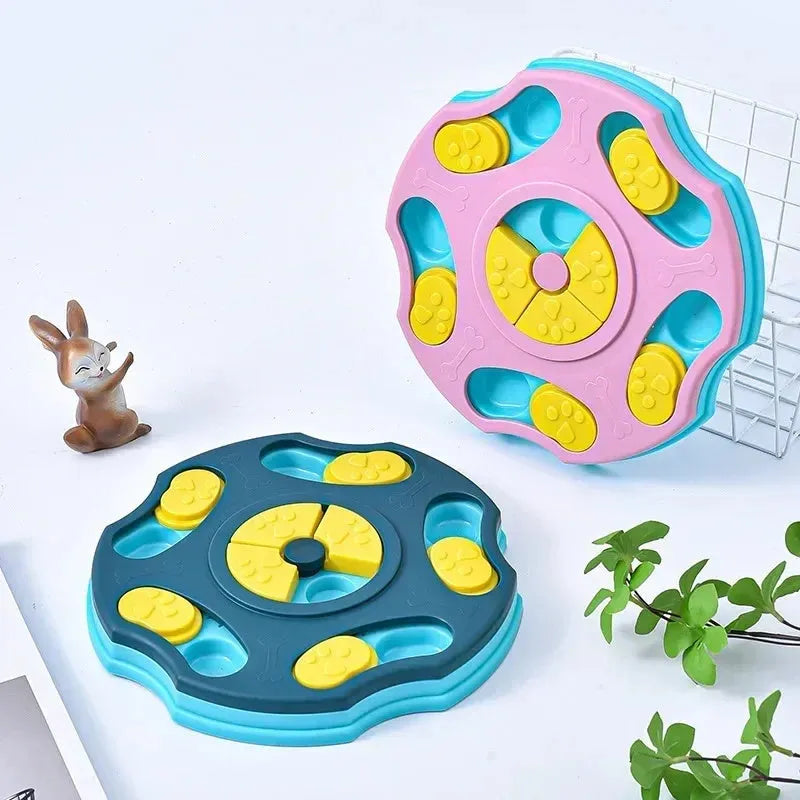 Blue dog puzzle feeder toy with sliding panels for food, measuring 24x24 cm