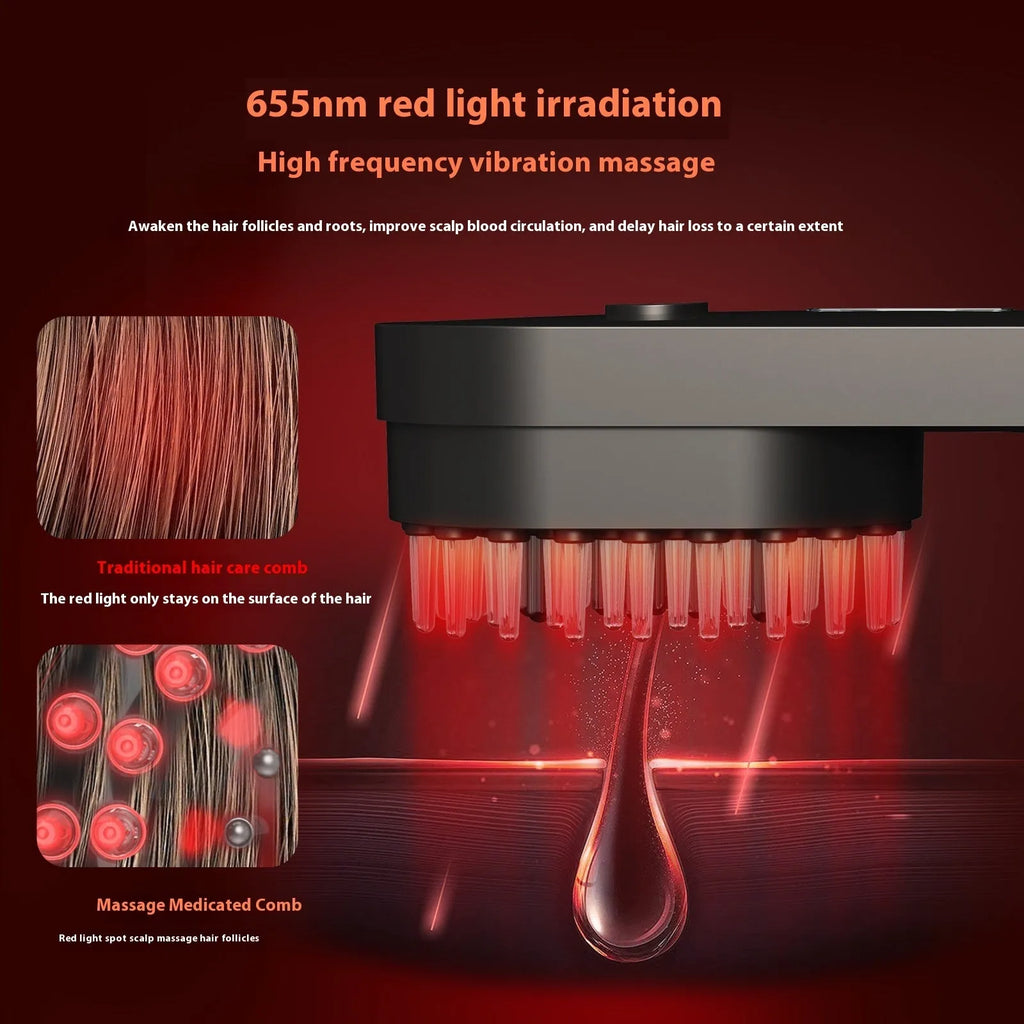 Pink and black smart massage comb for scalp care with red light therapy, shown next to a ruler indicating size under 10cm.