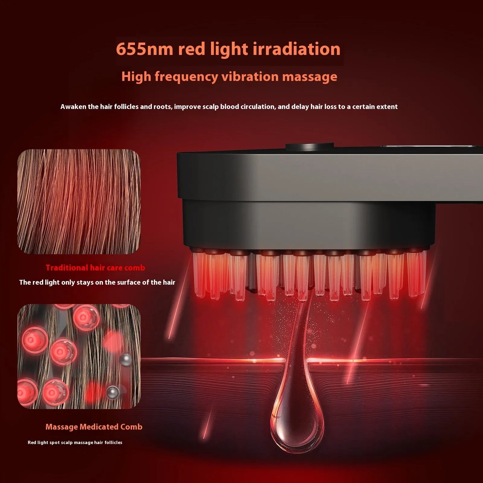 Pink and black smart massage comb for scalp care with red light therapy, shown next to a ruler indicating size under 10cm.