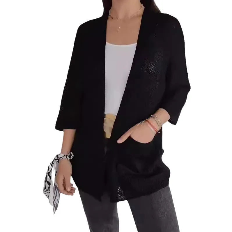 Women's waffle pattern cardigan coat in army green with nine-quarter sleeves and pocket details