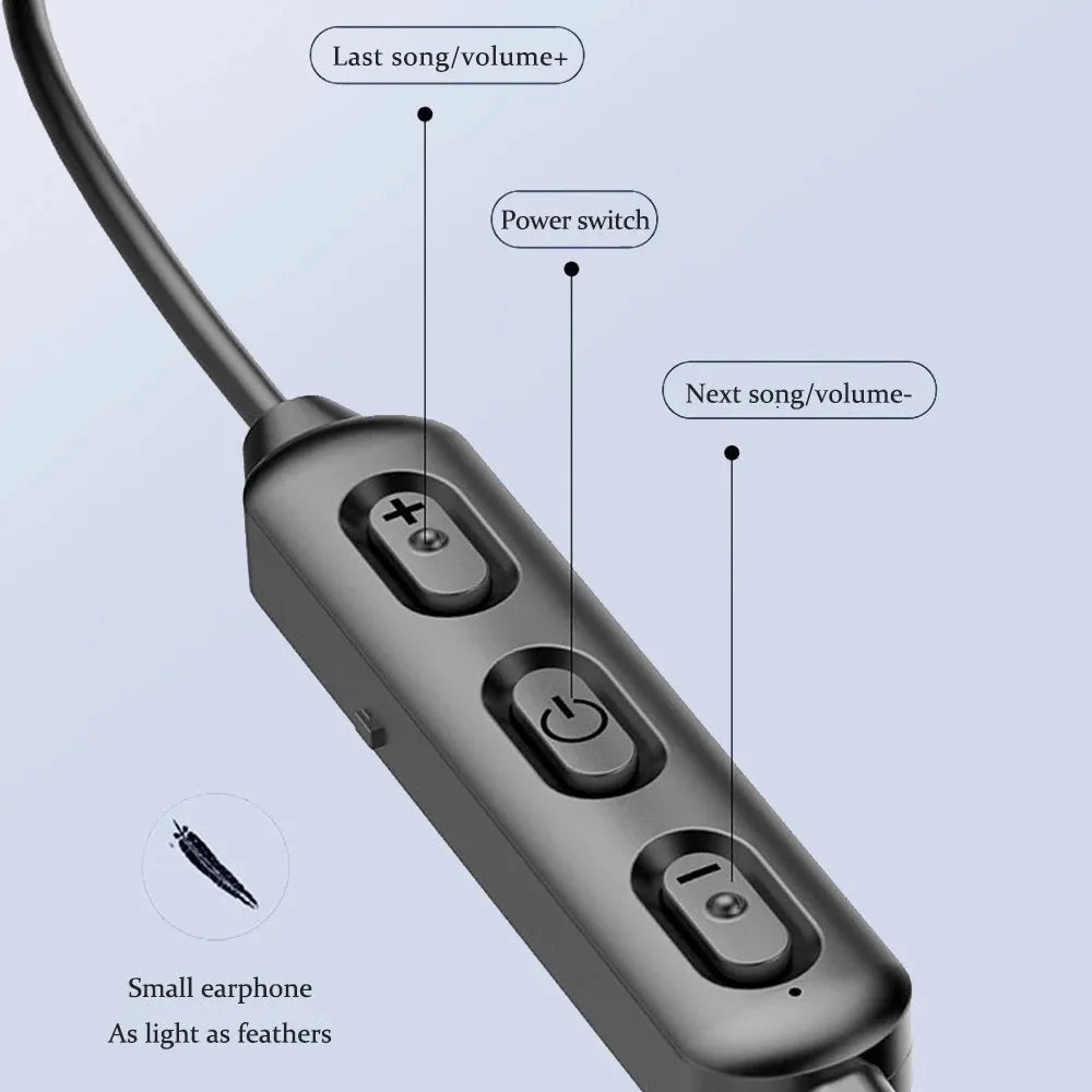 Black wireless sports earphones designed for neck mounting with custom logo printing area visible