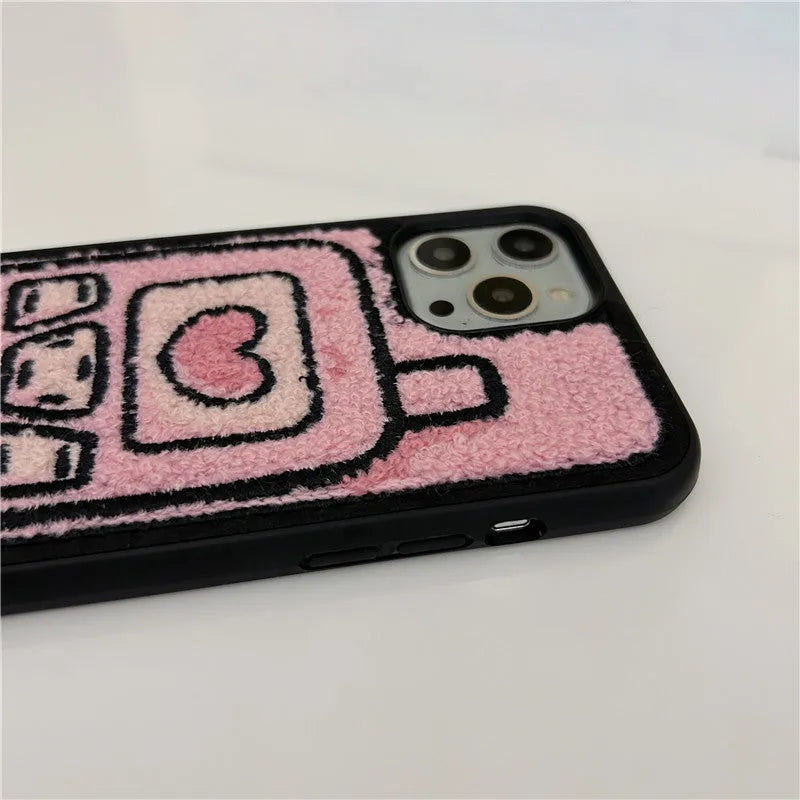 Pink TPU iPhone case with towel embroidery design on back