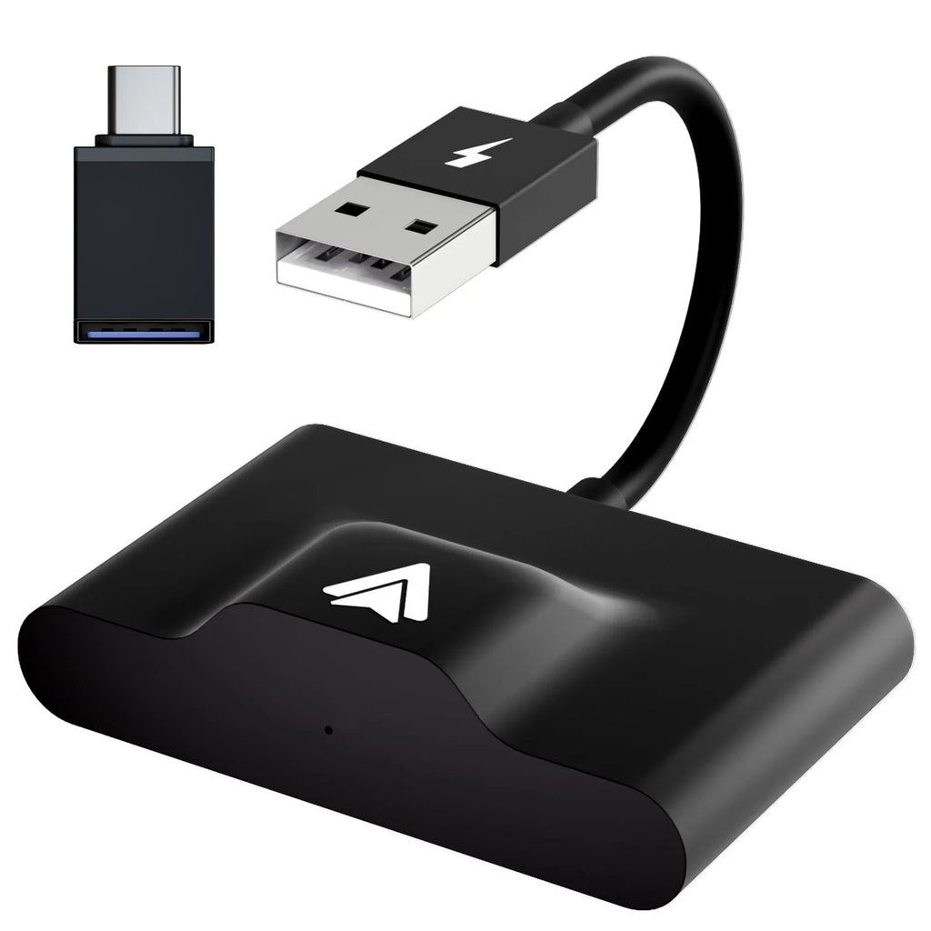 Original THT-020 series wired to wireless Android Auto adaptor for cars with CARPLAY, shown in black and white variants.