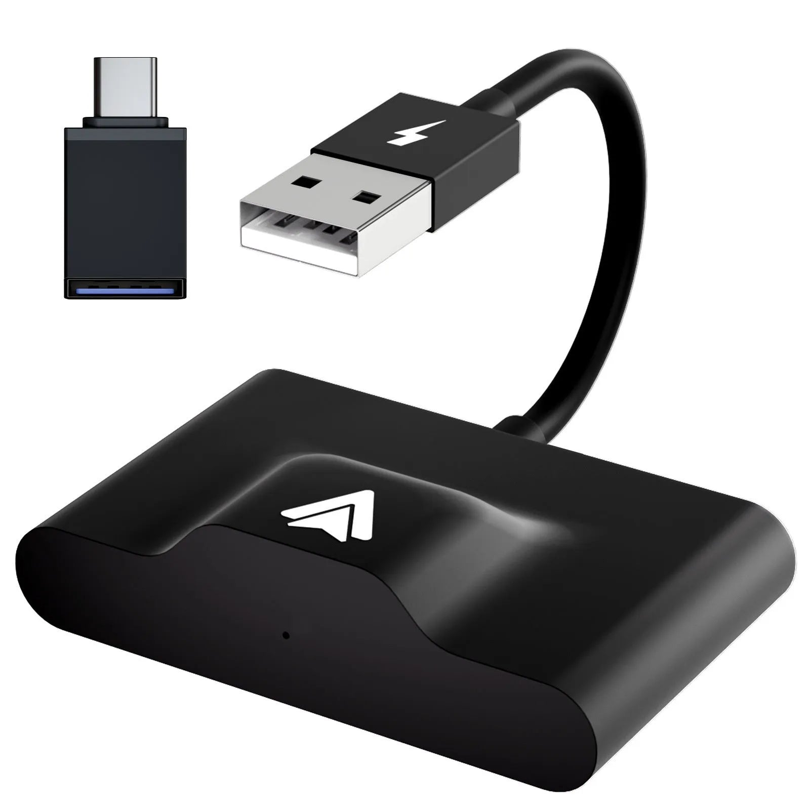Original THT-020 series wired to wireless Android Auto adaptor for cars with CARPLAY, shown in black and white variants.