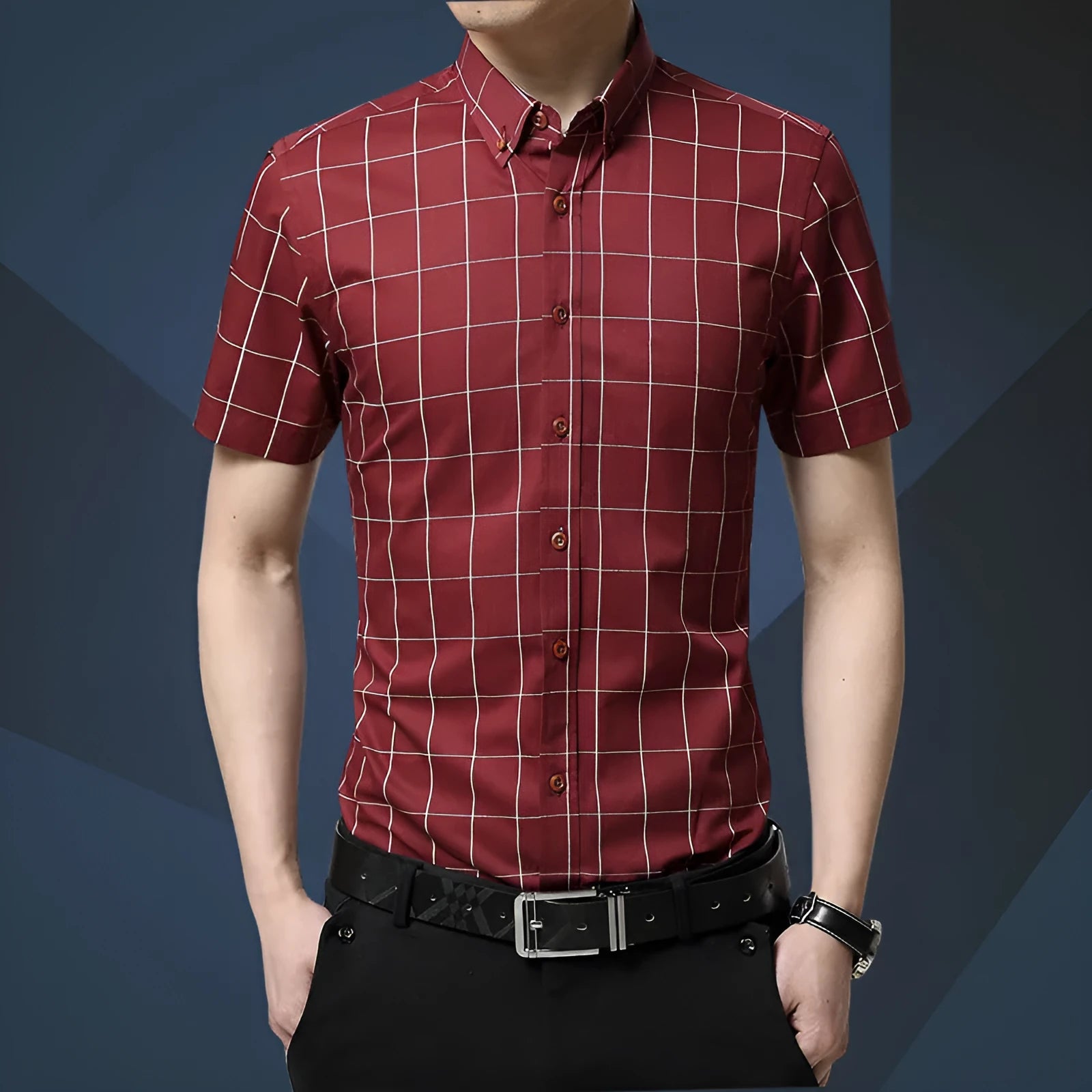 Men's casual short sleeve plaid shirt in red, slim fit cardigan style, cotton polyester blend