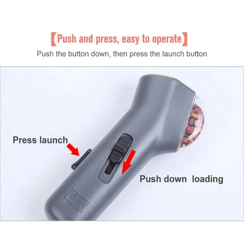Grey pet snack catapult launcher measuring 18cm with spring trigger mechanism for outdoor training