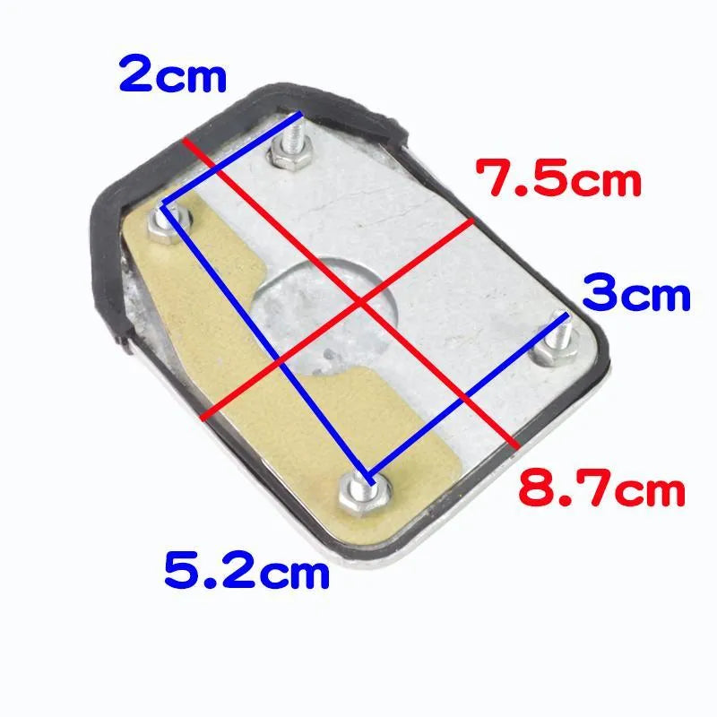Metal motorcycle brake pedal skid plate showing three style options for universal fit