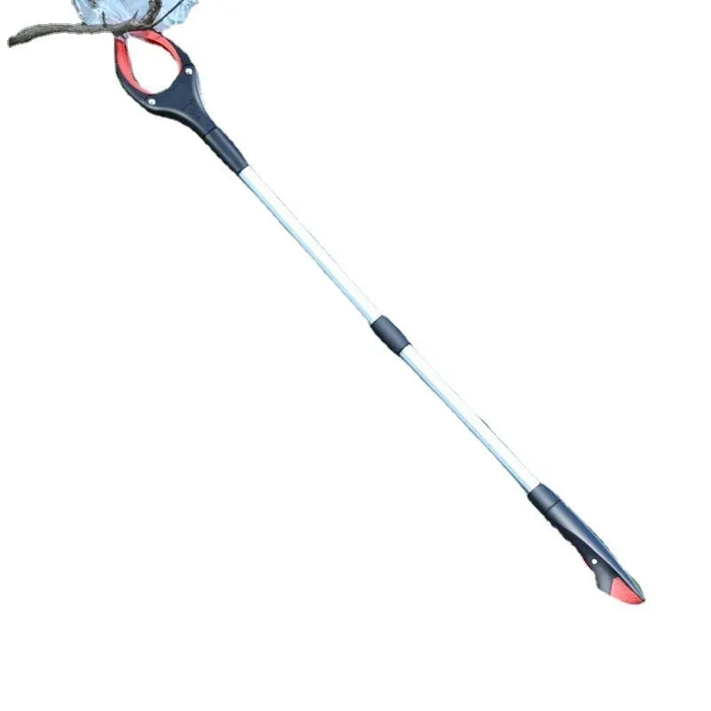 Blue plastic and aluminium alloy trash folder sewer pliers clamping a rubbish bag.